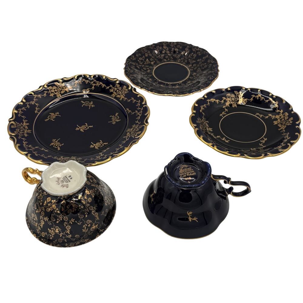 Lindner Bavaria Echt Cobalt 366 Cobalt & Gold Tea Set Lot Cups Saucers Plates